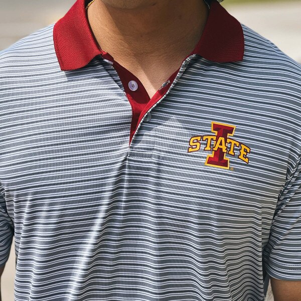 Colosseum I-State Gray Striped & Cardinal Collar Polo